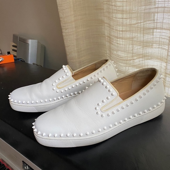 Christian Louboutin white leather spike loafers men 42 PIK BOAT SNEAKERS FLATS - Picture 1 of 7